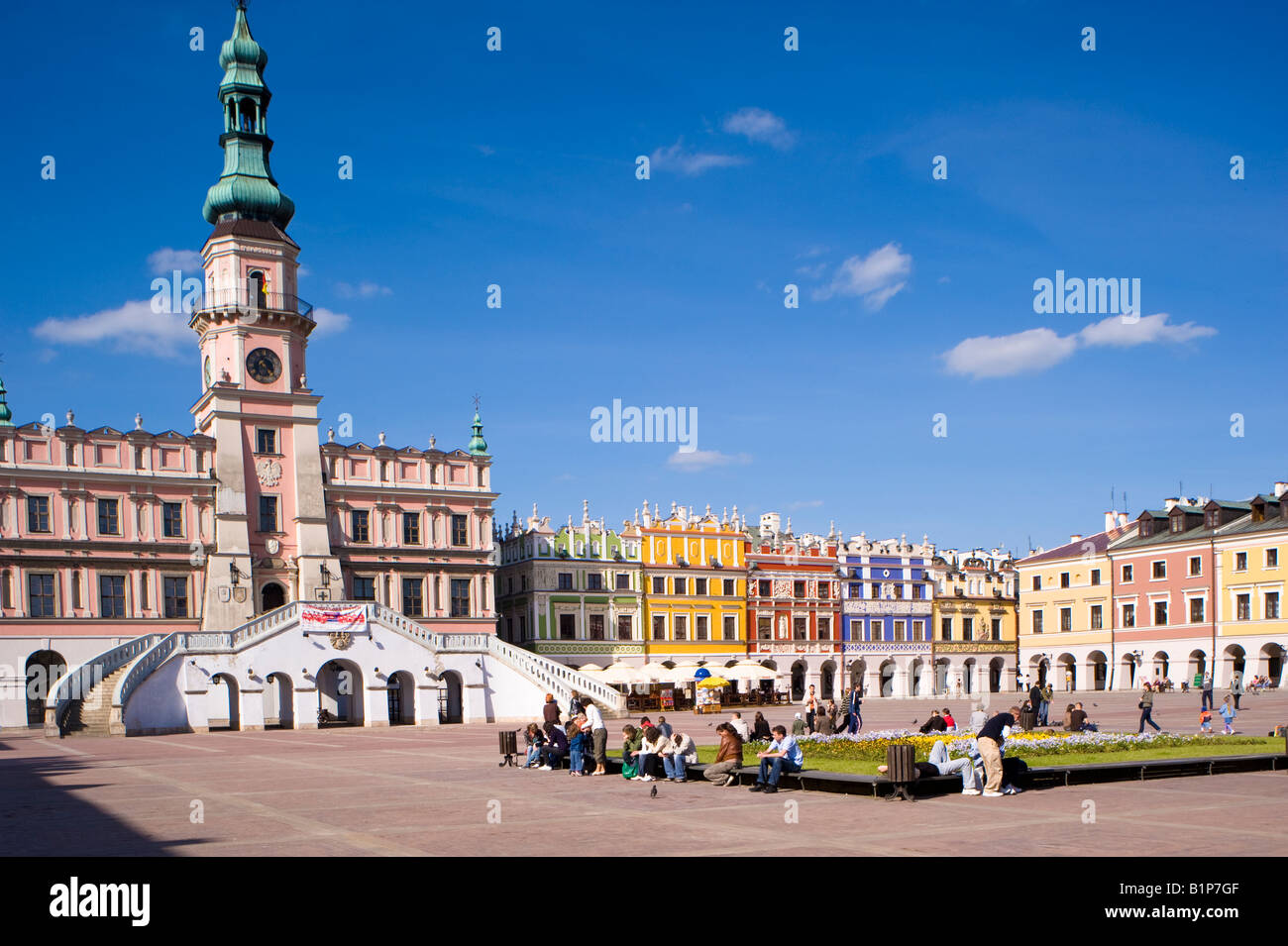 Rathaus und bunten Bürgerhäuser am Marktplatz alte Stadt Zamosc, Polen Stockfoto