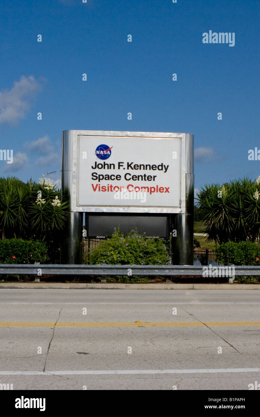 Das Eingangsschild zum Besucher Komplex John F Kennedy Space Center in Cape Canaveral Florida Stockfoto