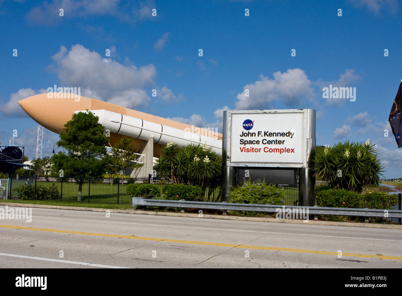 Das Eingangsschild zum Besucher Komplex John F Kennedy Space Center in Cape Canaveral Florida Stockfoto