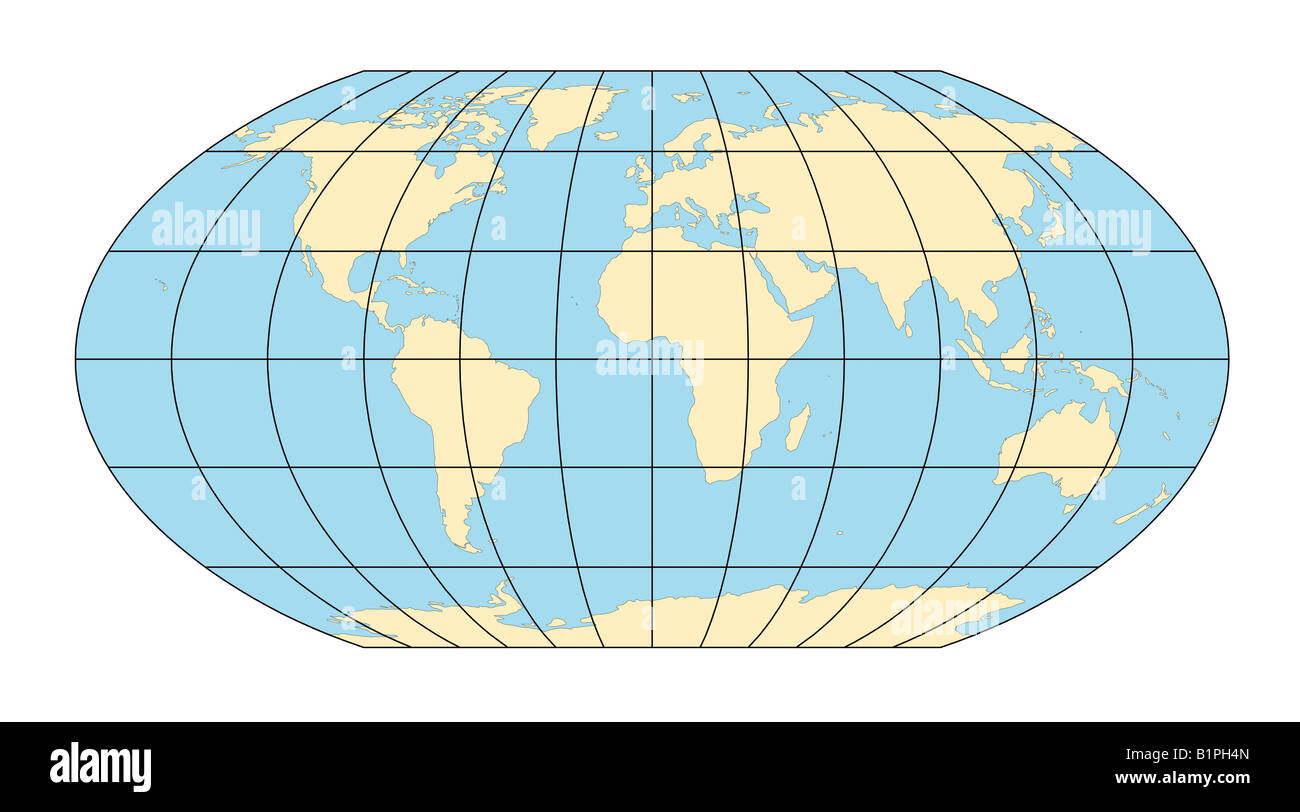 Welt-Kartenprojektion vor weißem Hintergrund. Stockfoto