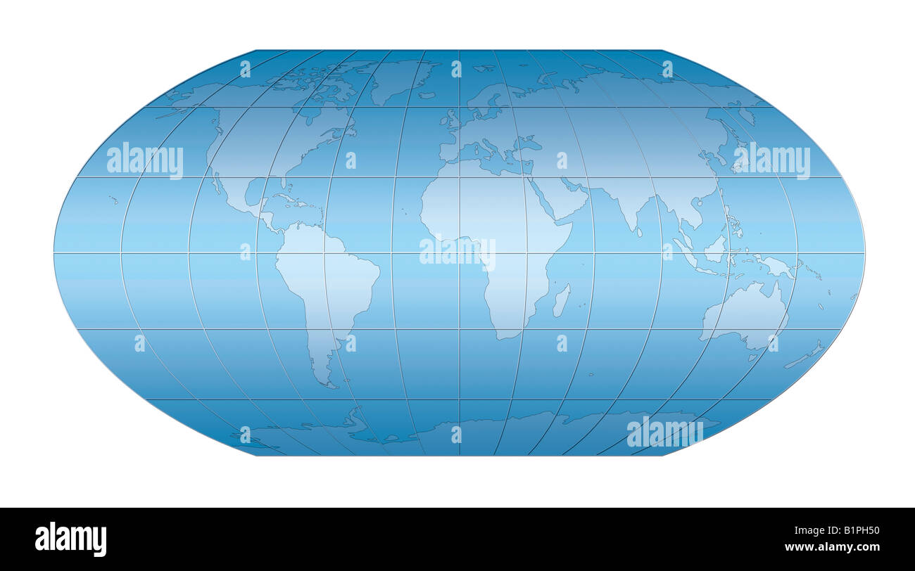 Blaue Welt Kartenprojektion vor weißem Hintergrund. Stockfoto