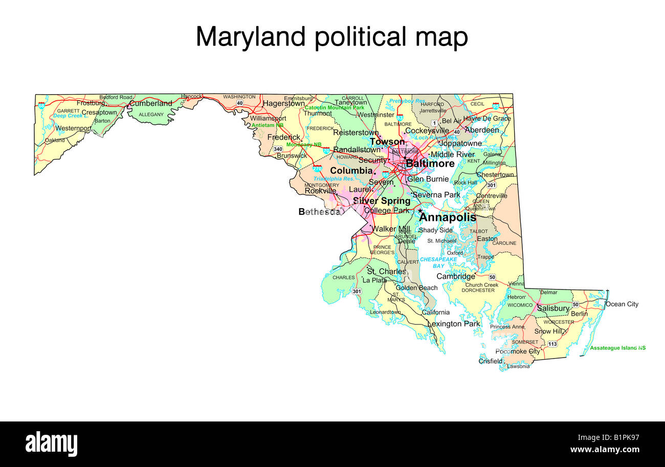 Maryland State politische Karte Stockfoto