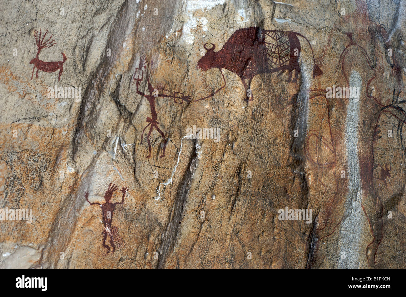 Prähistorische Farbe Zeichnungen auf dem Gipfel des Khao Pla Ra in Uthai Thani Thailand Stockfoto