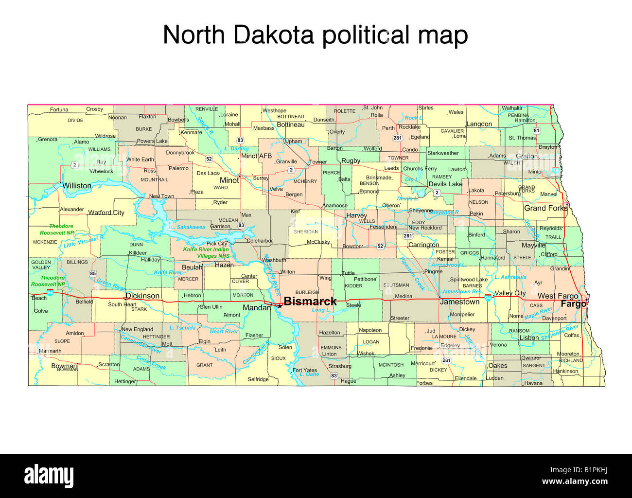 North Dakota Zustand politische Karte Stockfoto