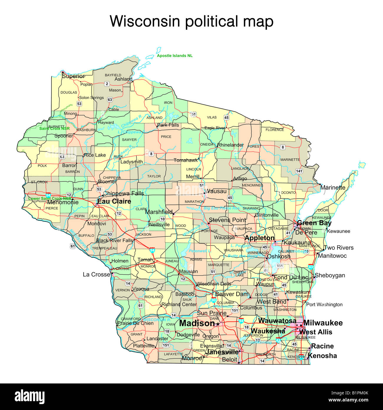 Wisconsin State politische Karte Stockfoto