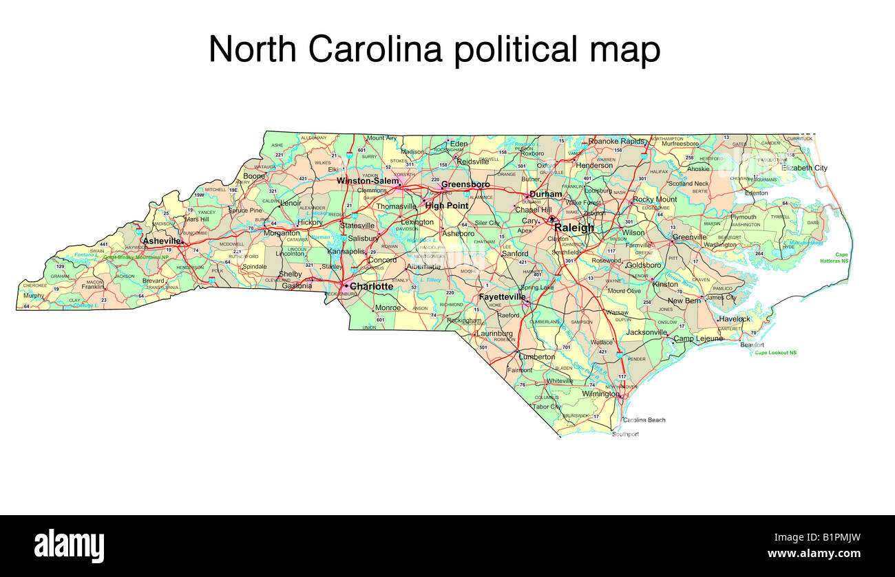 North Carolina State politische Karte Stockfoto