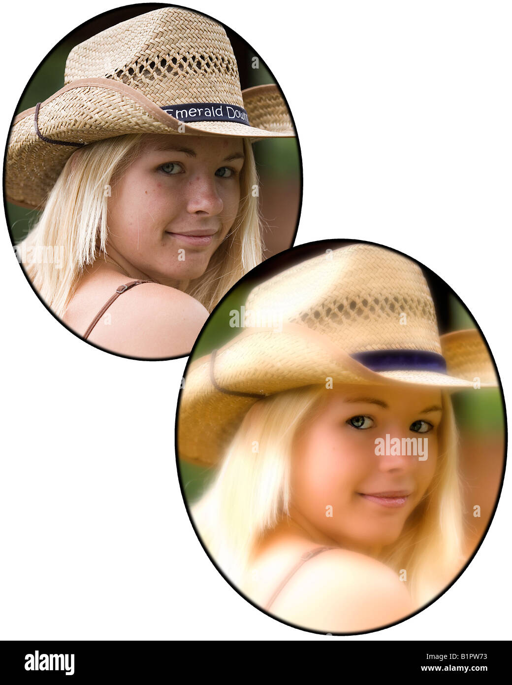 Vor und nach Photoshop bearbeiten Bild eines blonden Mädchens kaukasischen Stockfoto