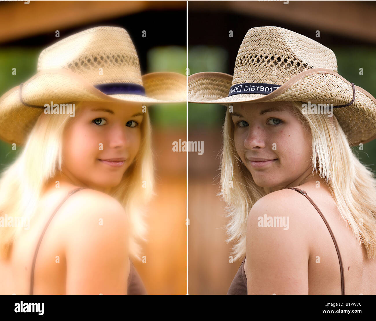 Vor und nach Photoshop bearbeiten Bild eines blonden Mädchens kaukasischen Stockfoto