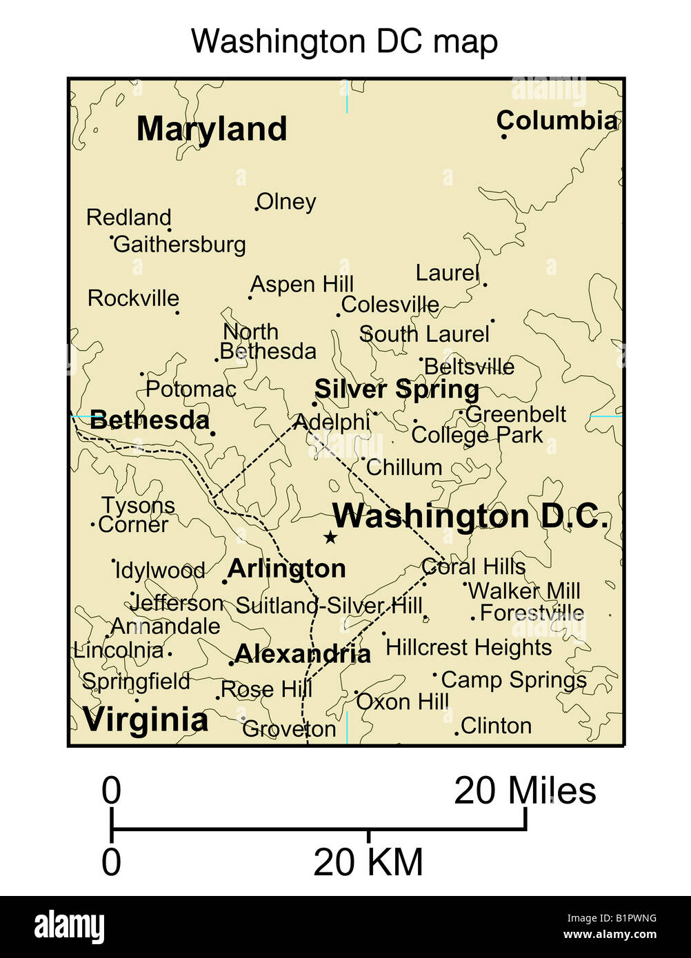 Physische Karte von Washington DC Stockfoto