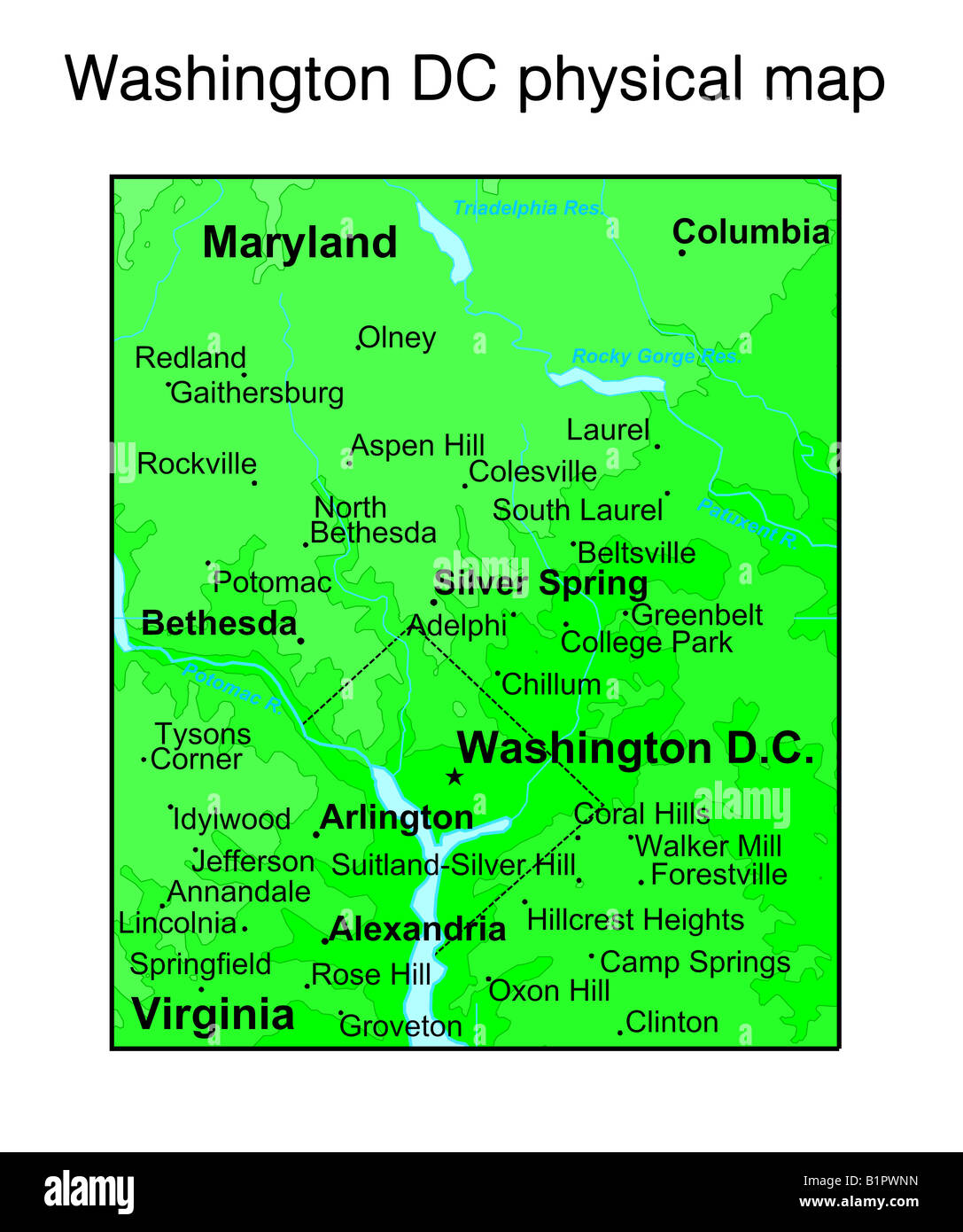 Physische Karte von Washington DC Stockfoto