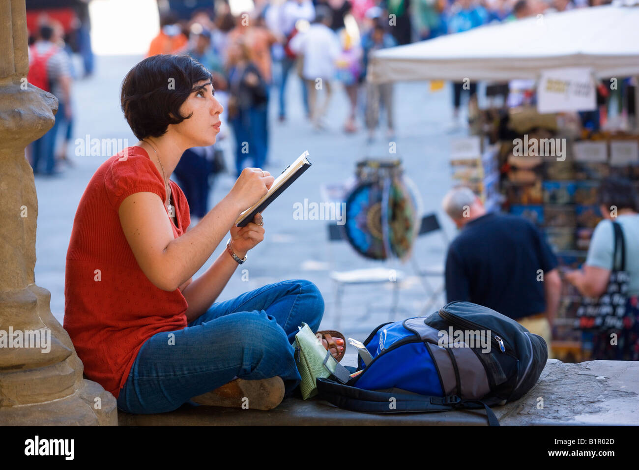 touristischen Frau Piazza della Signoria in Florenz Stockfoto