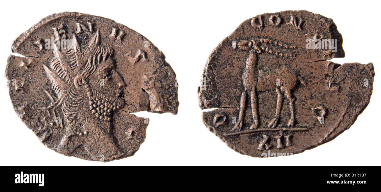 Bronze-Roman Coin - Gallienus (AD 254-264) Rückseite: Hirsch Wandern Stockfoto