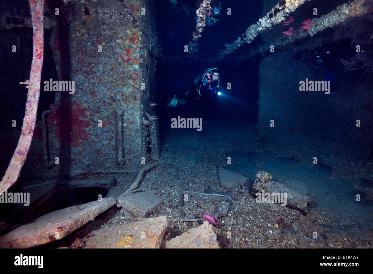 Eine Taucher schwimmt entlang die Passagen in den Trümmern des Roten Meeres WW2 SS Thistlegorm Schiffswracks. Stockfoto
