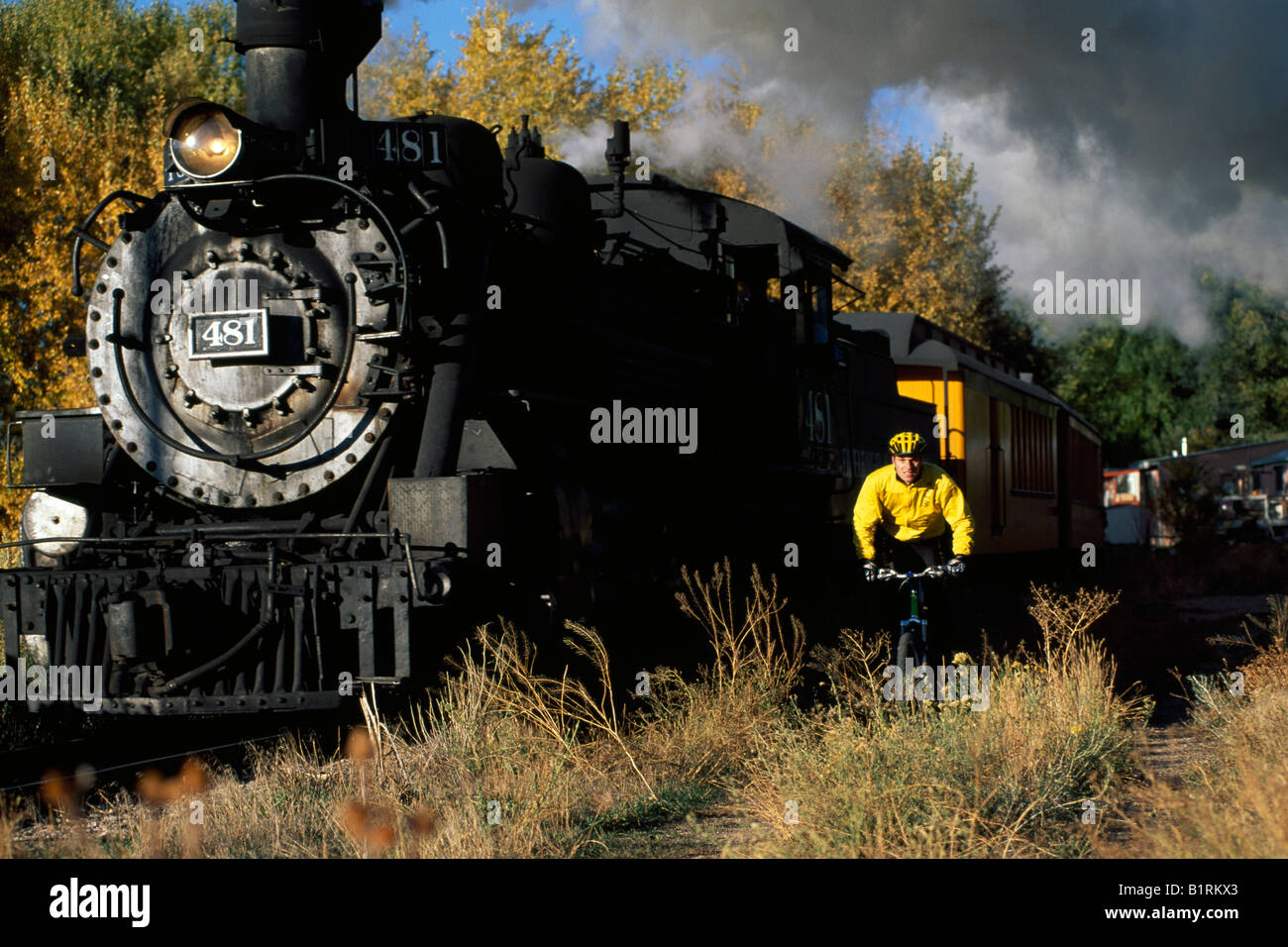 Mountainbiker, Silverton Railway, Durango, Colorado, USA Stockfoto