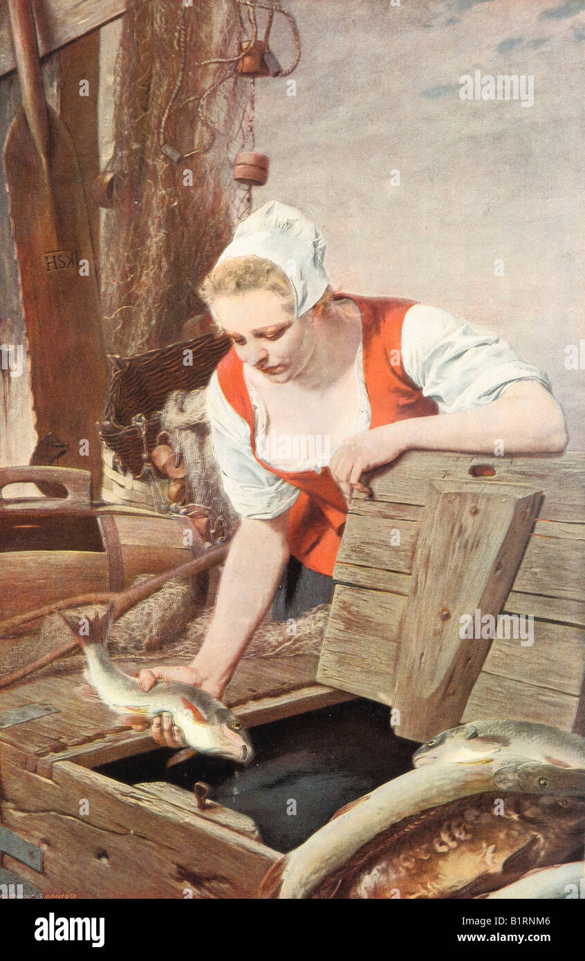 Fischhaendlerin, Fischhändler, Holzschnitt aus dem Jahrbuch Moderne Kunst in Meisterholzschnitten, moderne Kunst in Meister-Holzschnitten, 19 Stockfoto