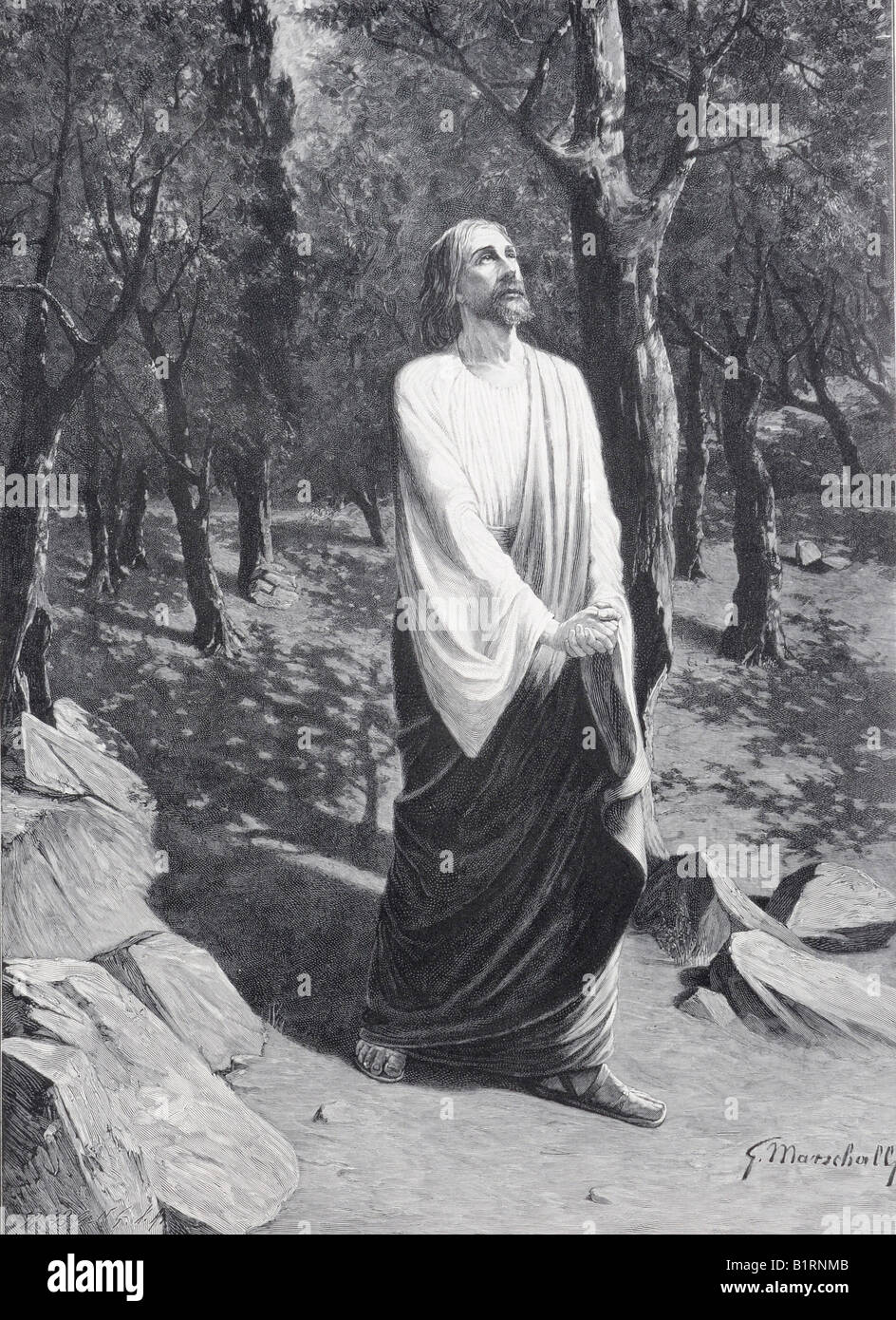 Christus in Gethsemane, Jesus im Garten Gethsemane, Holzschnitt aus dem Jahrbuch Moderne Kunst in Meisterholzschnitten, Mod Stockfoto