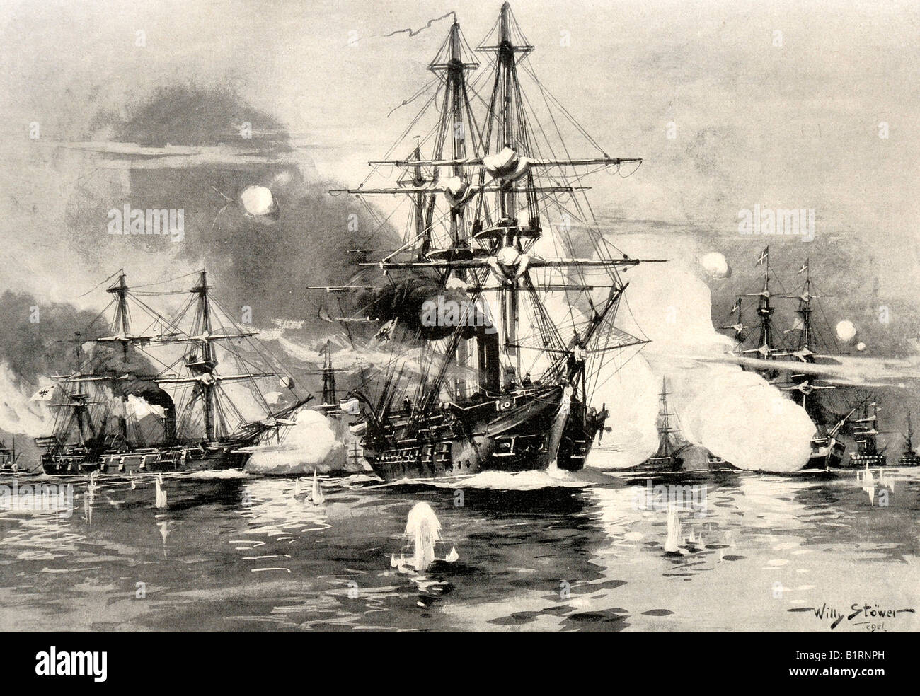 Seegefecht Bei Jasmund bin 17. Maerz 1864, Seeschlacht in der Nähe von Jasmund, 17. März 1864, Holzschnitt aus dem Jahrbuch Moderne Kunst in M Stockfoto