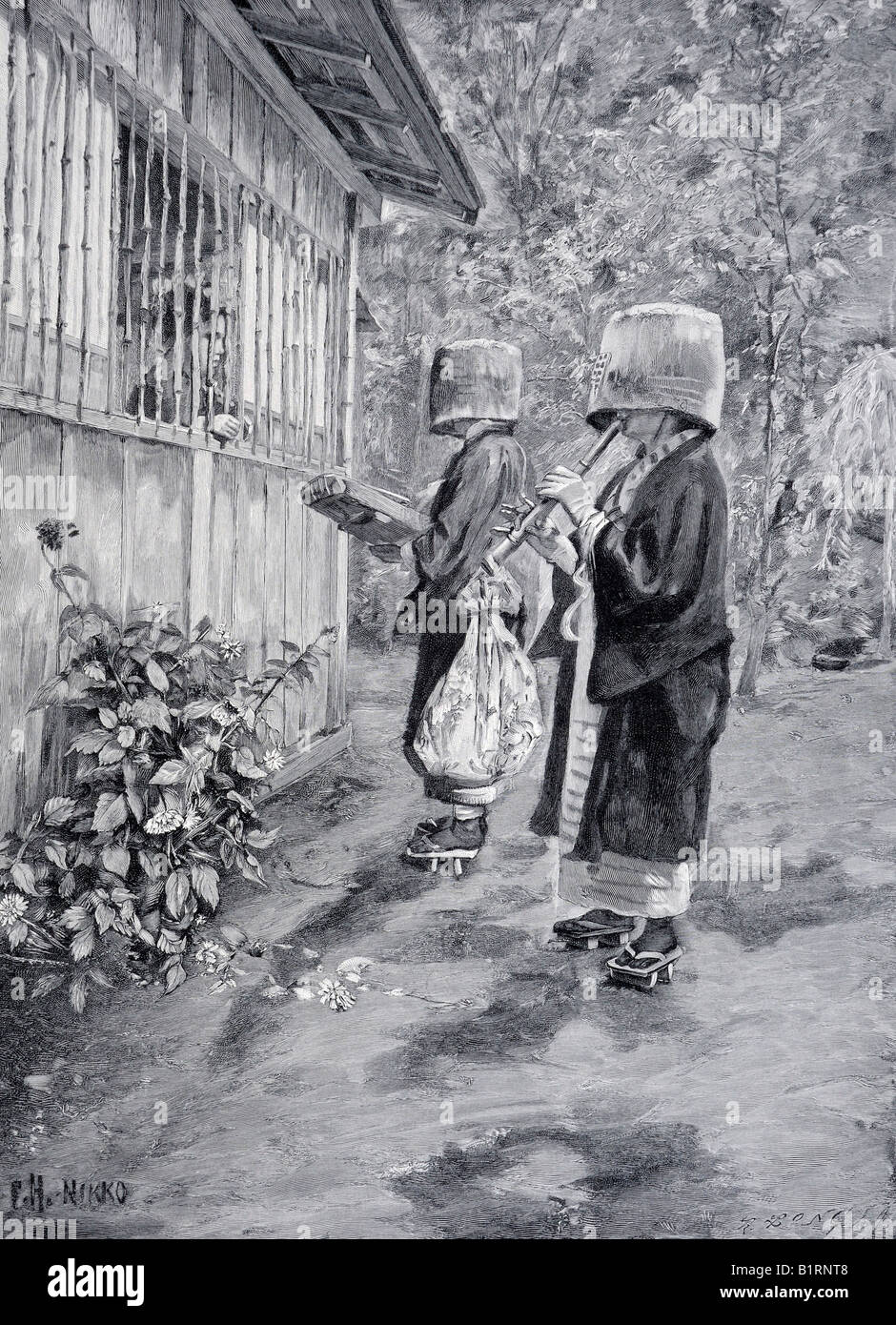Pilger in Nikko, Holzschnitt aus dem Jahrbuch Moderne Kunst in Meisterholzschnitten, moderne Kunst in Meister-Holzschnitten, 1900 Stockfoto