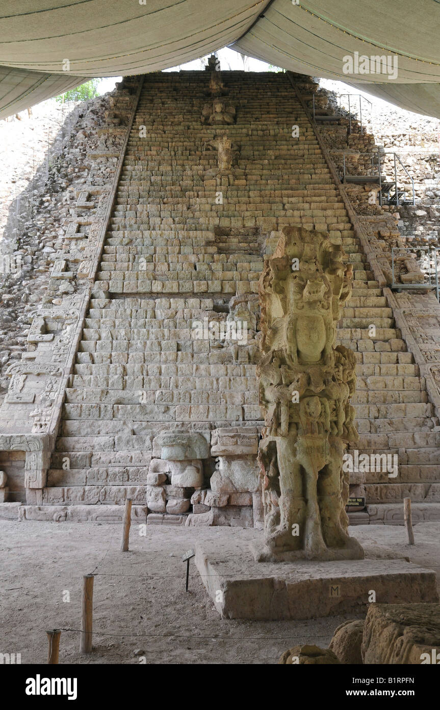 Treppe mit hieroglyphischen Texten, Hauptplatz, Copán, Honduras, Mittelamerika Stockfoto