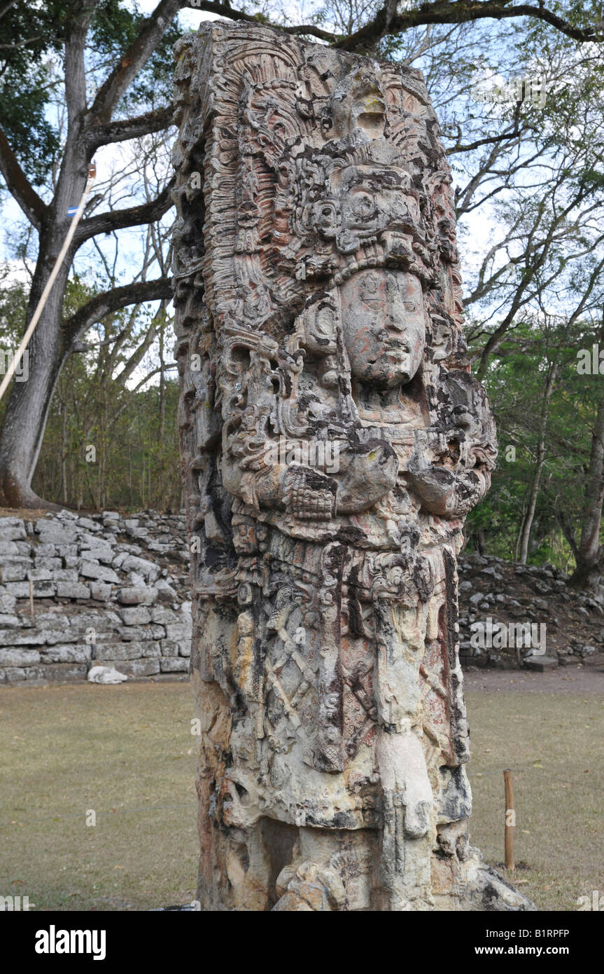 Stela H, Hauptplatz, Copán, Honduras, Mittelamerika Stockfoto