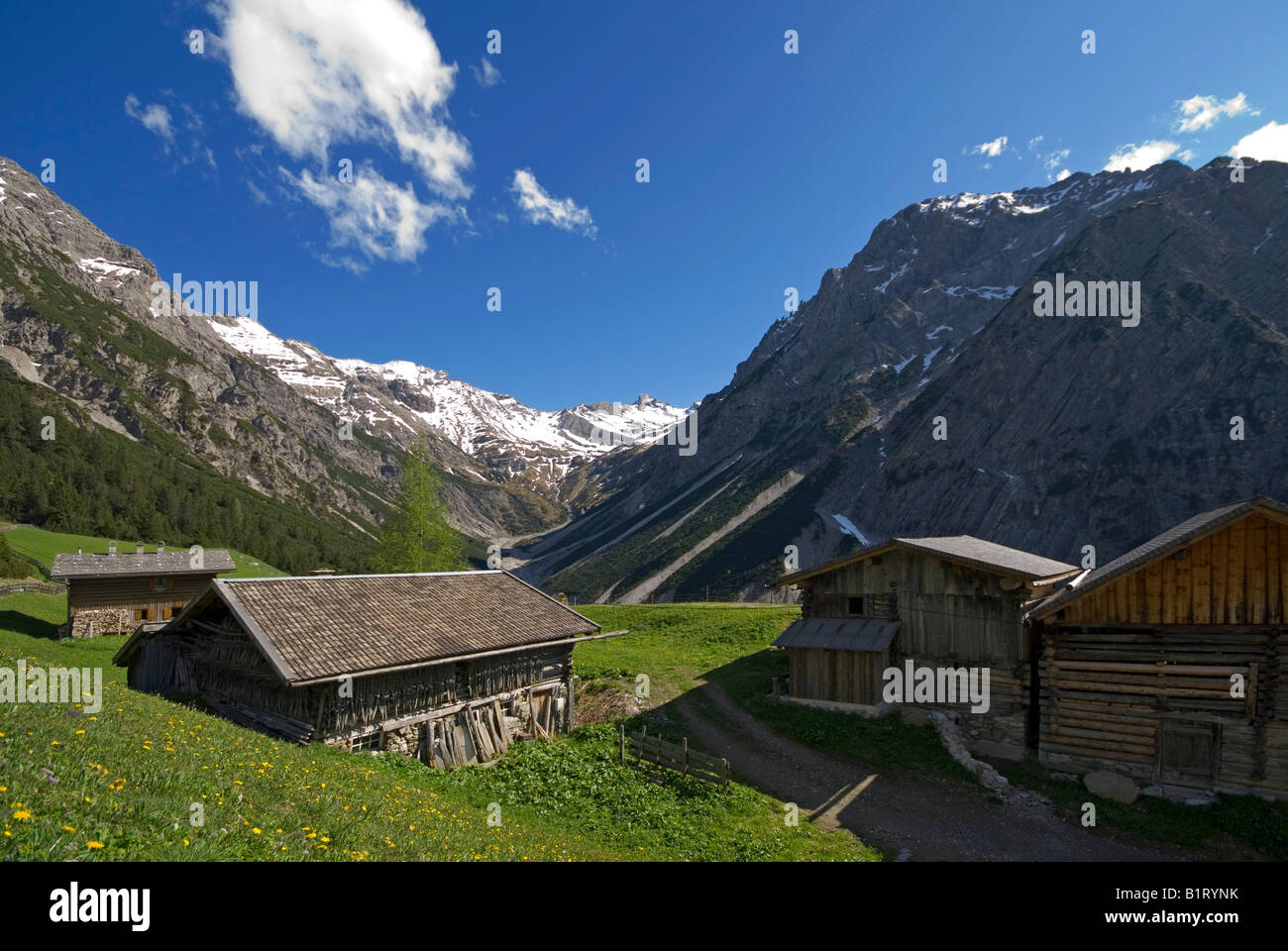 Hölzerne Bauernhäuser, Pfafflar Alm, Bschlabertal, Außerfern, Tirol, Österreich, Europa Stockfoto