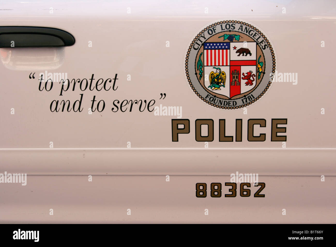 Los Angeles Police Department Siegel auf einem LAPD-Streifenwagen Stockfoto