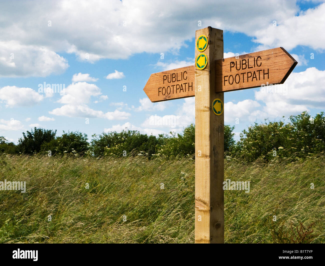 Holz- Wanderweg Schild zeigt öffentliche Wanderwege in England, Großbritannien Stockfoto