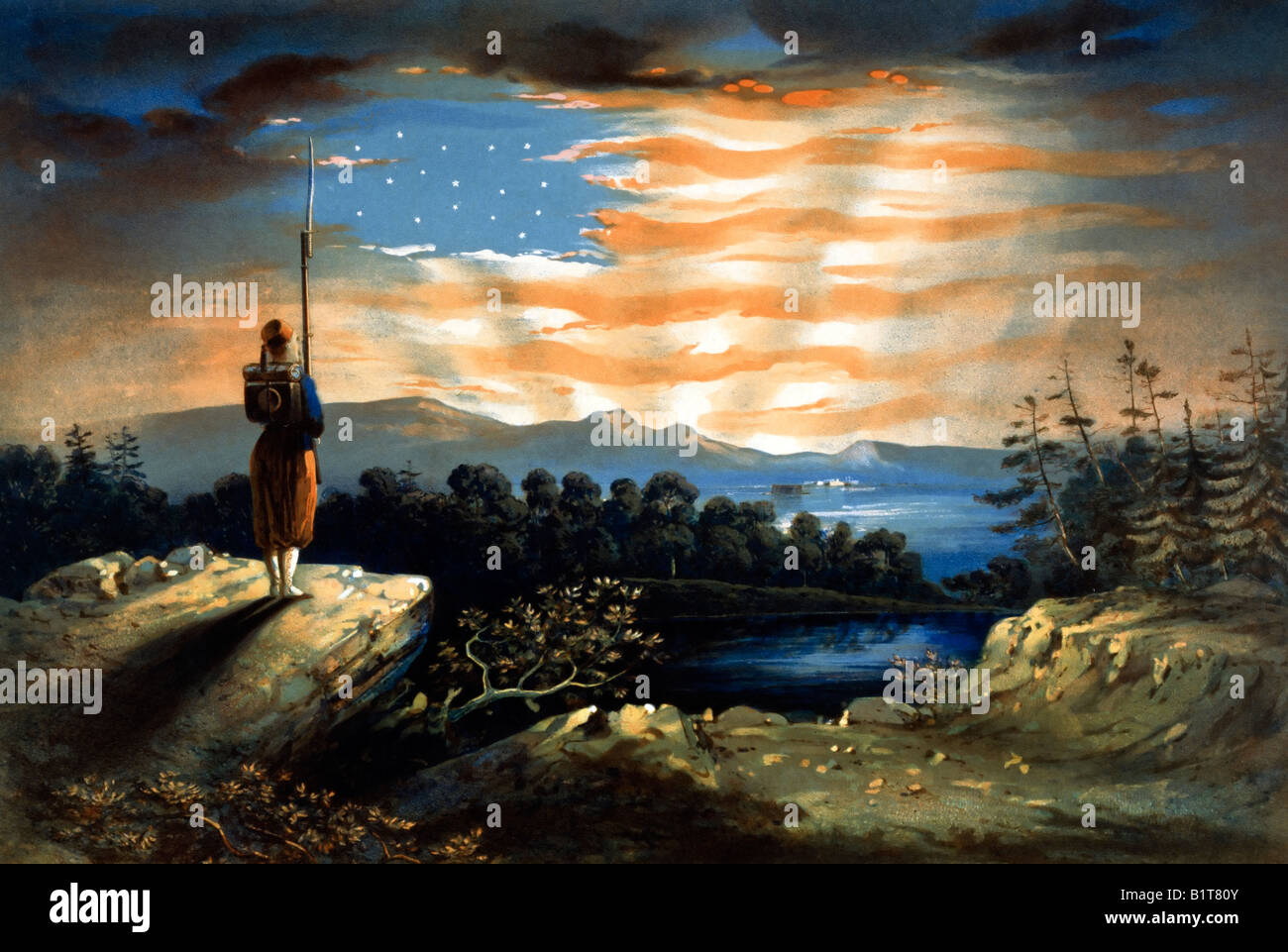 Unsere Banner - USA Bürgerkrieg Ära print zeigt amerikanische Flagge bilden in den Himmel als Soldat geboren Himmel blickt auf Stockfoto