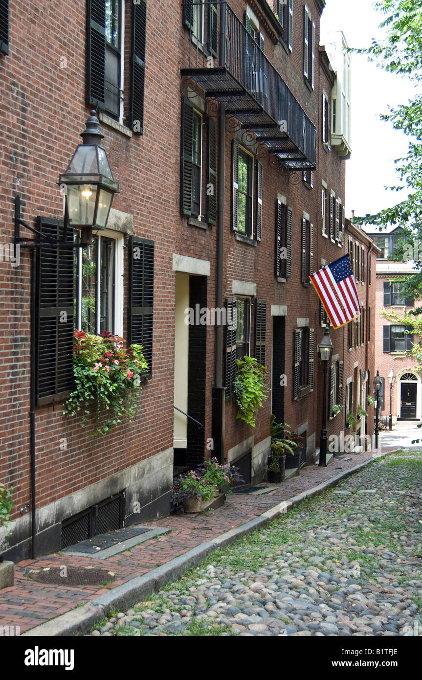 Gebäude auf Acorn Street, Beacon Hill, Boston, USA Stockfoto