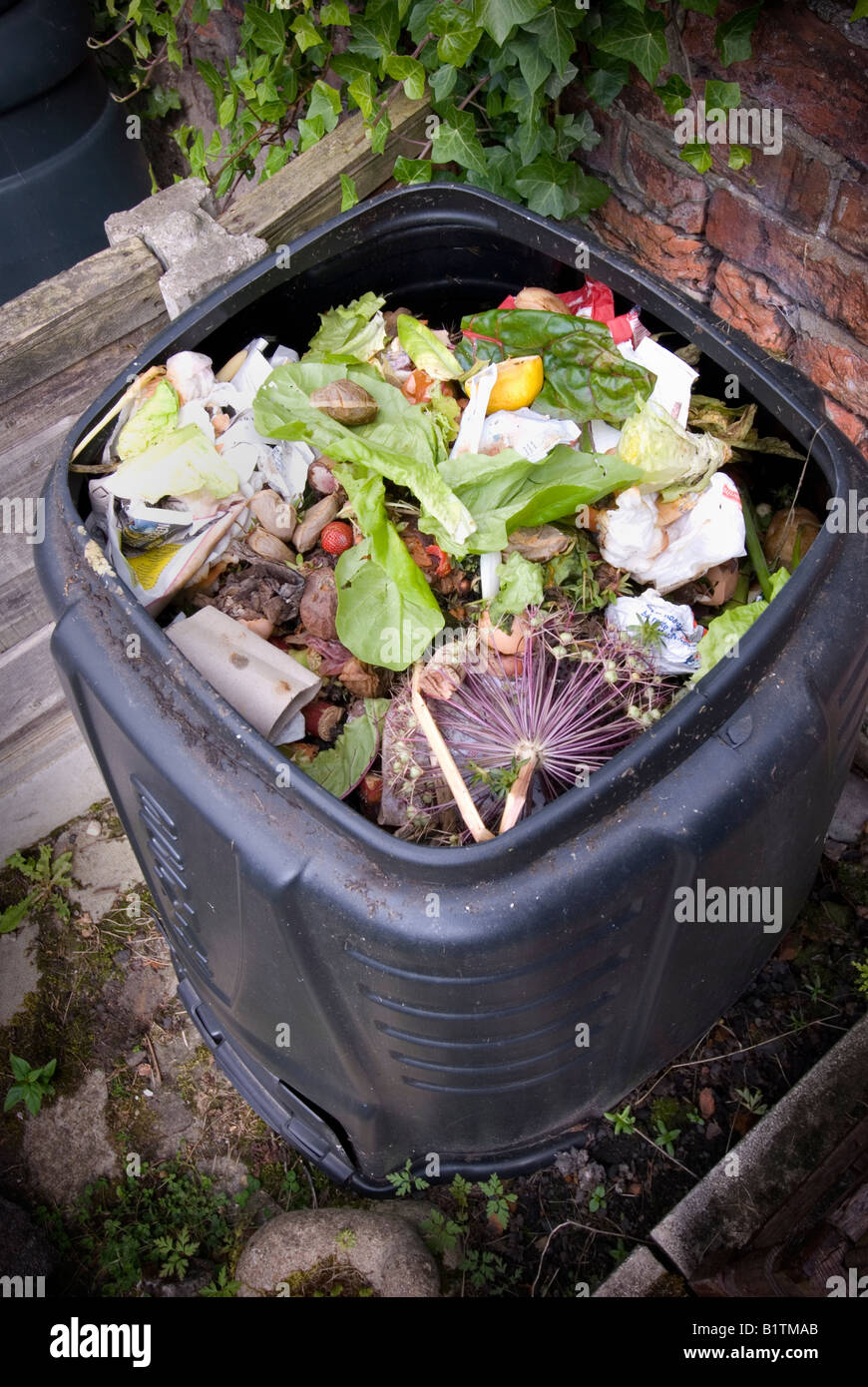 offenen schwarzen Kunststoff Kompost Inhalt angezeigt Stockfoto