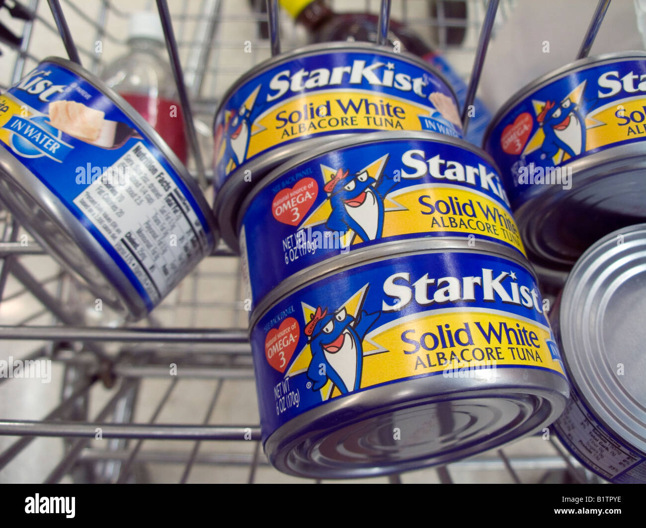 Dosen von Laupepa Thunfisch in ein Lebensmittelgeschäft Warenkorb in einem Supermarkt in New York gesehen werden Stockfoto