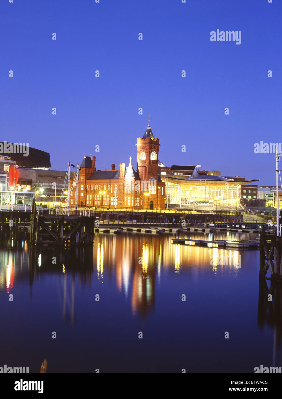 Senedd Assembly Building und Pierhead Gebäude nachts Cardiff Bay Portrait Cardiff South Wales UK Stockfoto