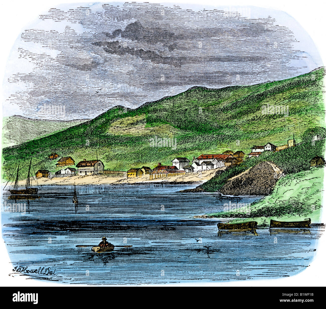 San Francisco 1847 gesehen von der Bucht vor Gold wurde in Kalifornien entdeckt. Hand - farbige Holzschnitt Stockfoto