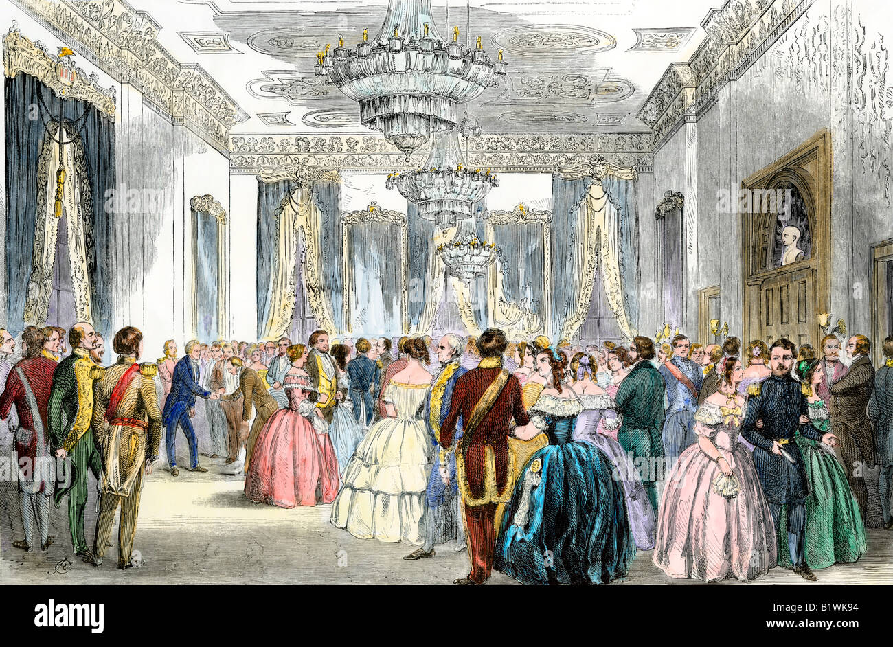 Empfang im Weißen Haus von Präsident James Buchanan 1850. Hand - farbige Holzschnitt Stockfoto