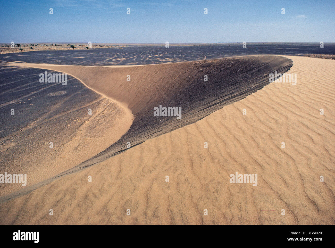 Barchan oder Halbmond geformt transversalen Dünen in steinigen Wüste in der Nähe von North Horr nördlichen Kenia in Ostafrika Stockfoto