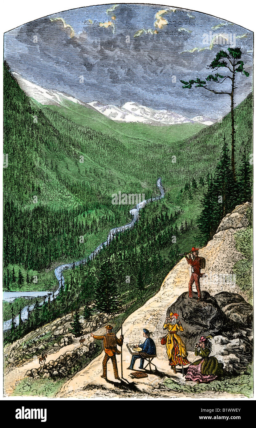 Wanderer und ein Künstler auf den Graun Höhepunkt in den Colorado Rockies 1870. Hand - farbige Holzschnitt Stockfoto