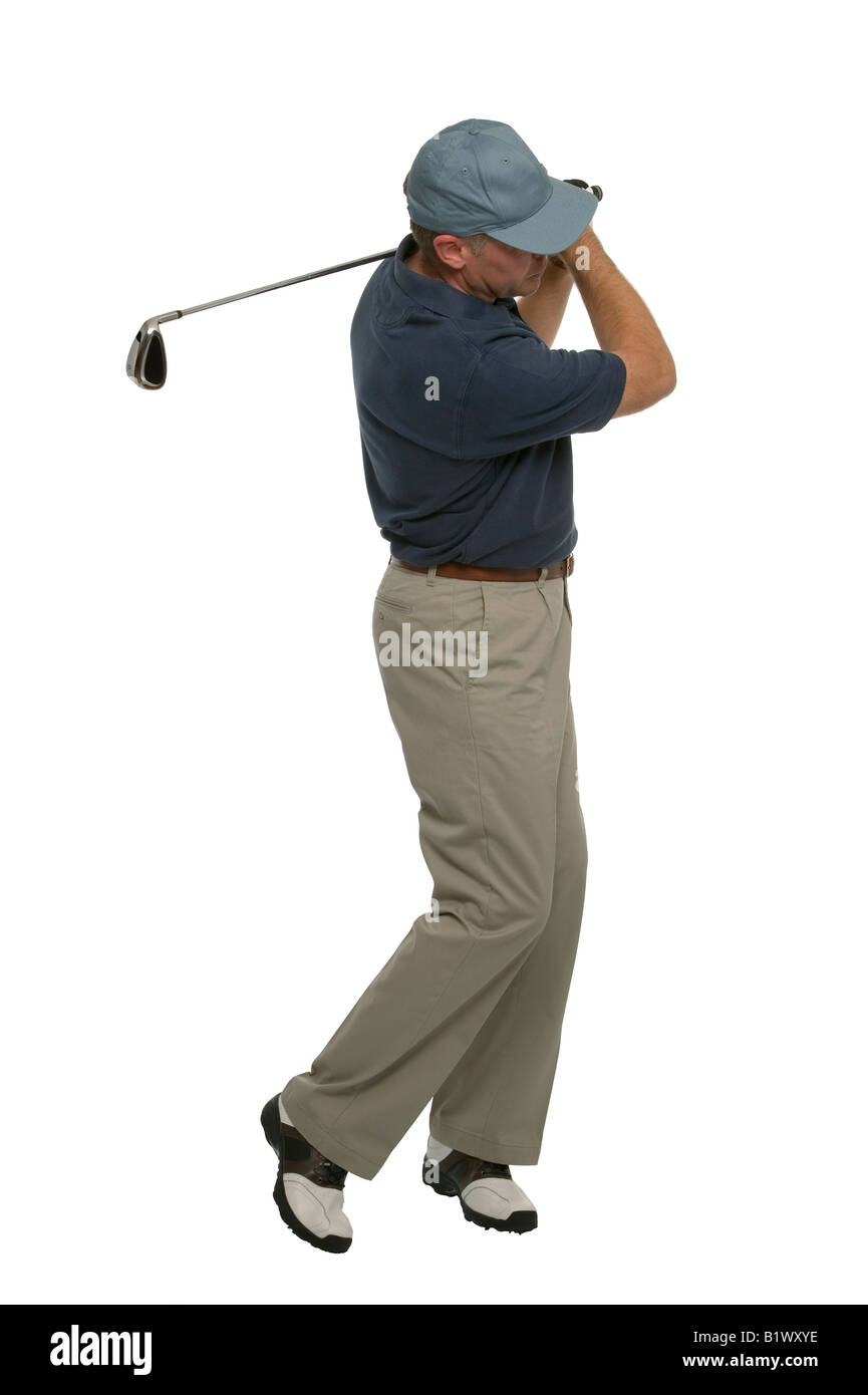 Studioaufnahme von männlichen Golfer während seiner Rückschwung mit einem Eisen-club Stockfoto