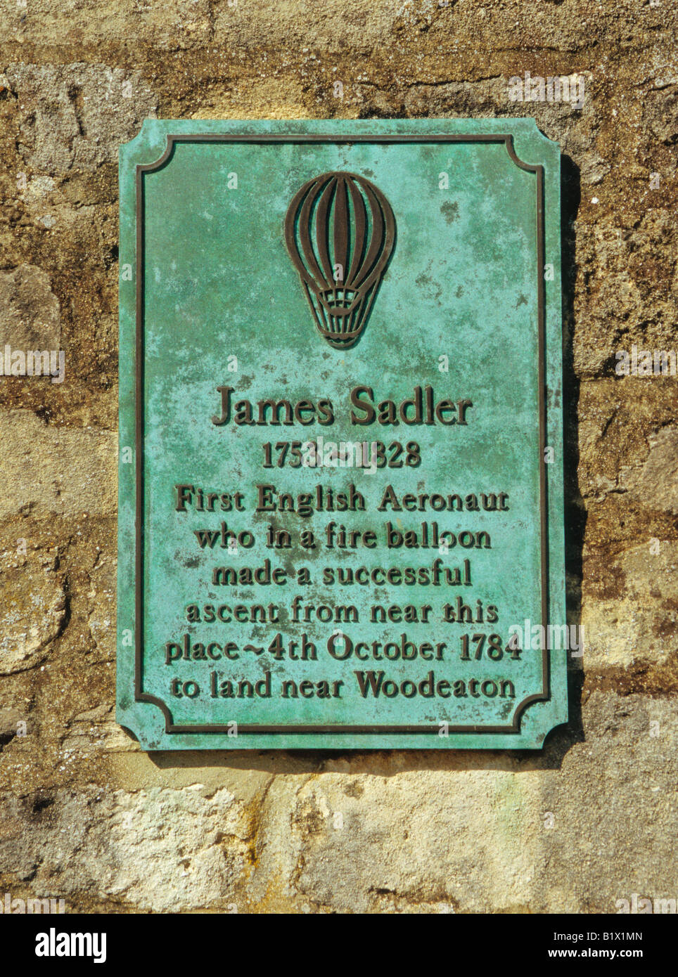 Gedenktafel zur Erinnerung an James Sadler, Ballonfahren Pionier, Christ Church Meadow, Oxford, UK Stockfoto