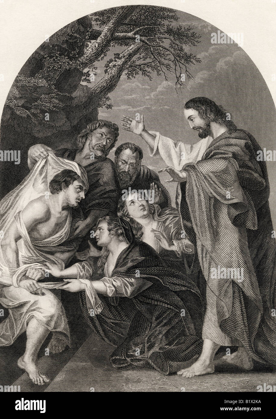 Die Auferweckung von Lazarus. Gestochen von S Allen. Aus der National Illustrated Family Bible, veröffentlicht um 1870. Stockfoto
