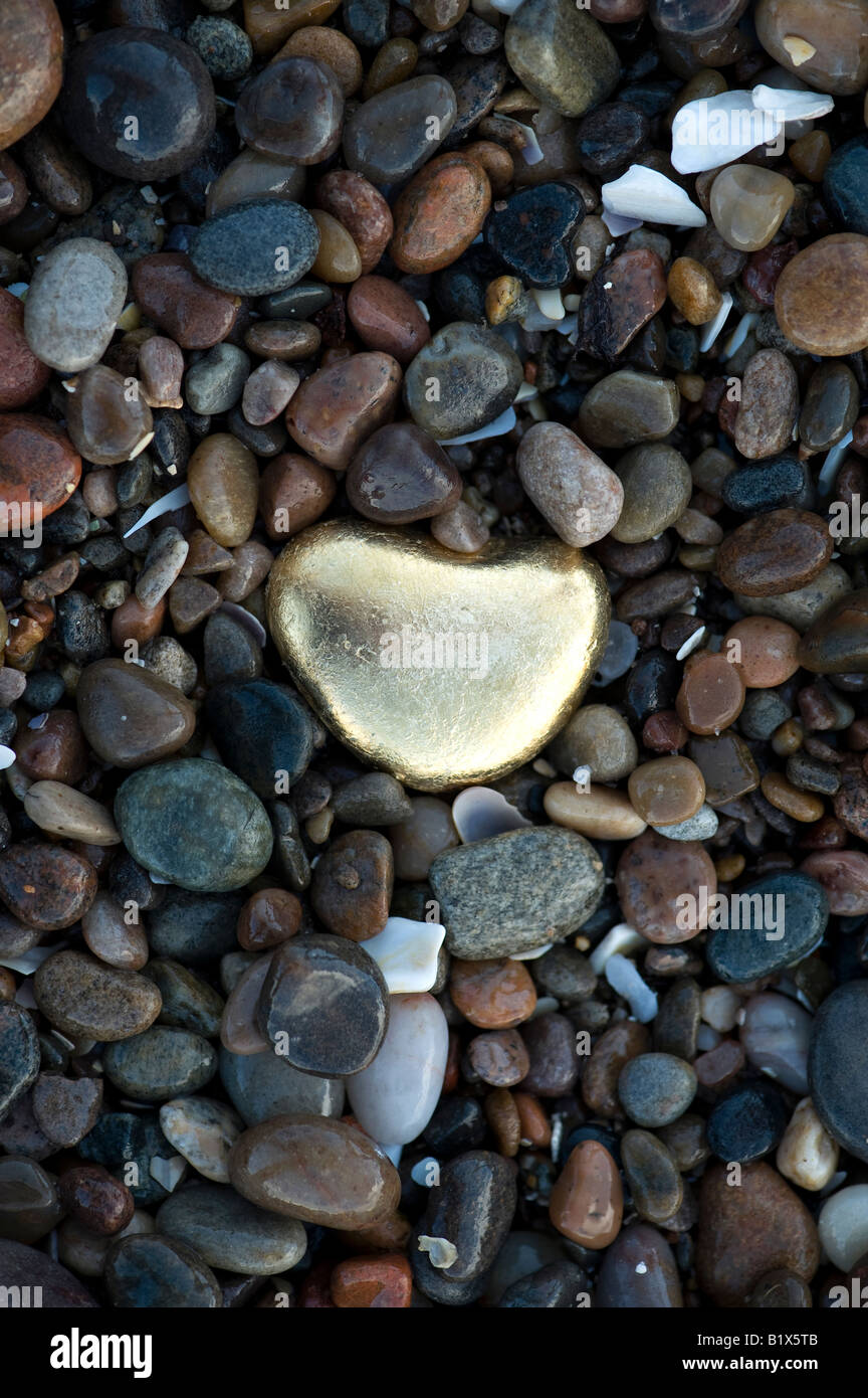 Goldenes Herz geformte Kiesel unter Kieselsteine am Strand. Findhorn Strand, Moray, Schottland Stockfoto