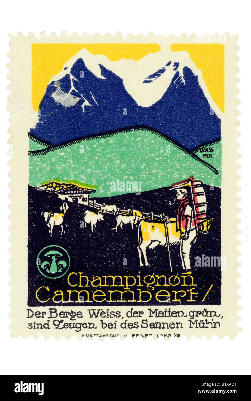 Trading-Stempel Champignon Camembert Der Berge Weiss der Matten Grün Sind mit Sind mit at des Sennen Stockfoto