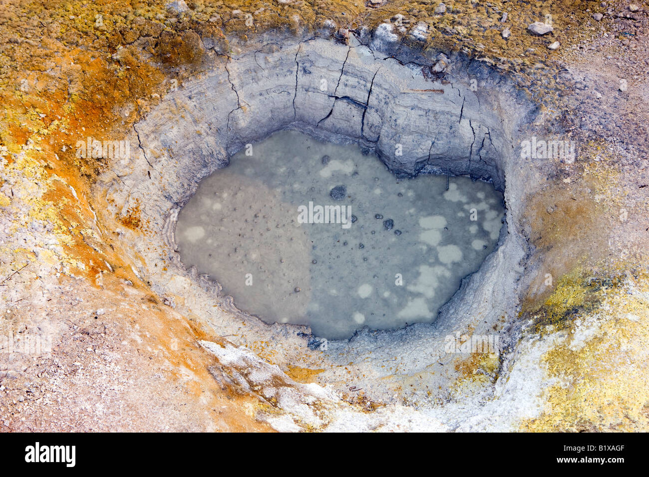 Ein Mudpot in Bumpass Hell, der größte hydrothermalen Bereich in Lassen Volcanic Nationalpark, Kalifornien, USA. Stockfoto