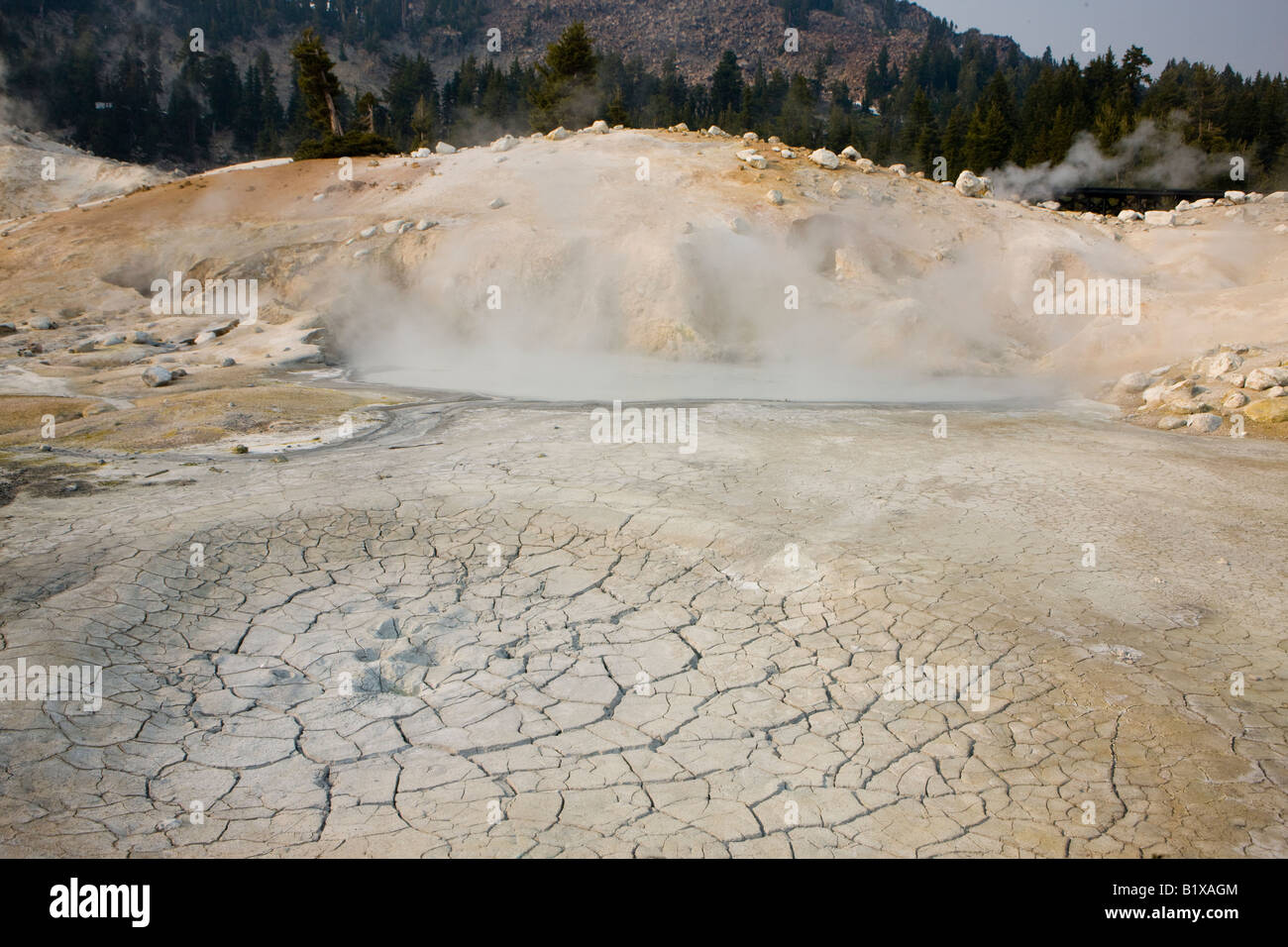 Spröde Boden Risse vor einer kochenden Feder in Bumpass Hell - größte hydrothermalen Fläche in Lassen Volcanic Nationalpark Stockfoto