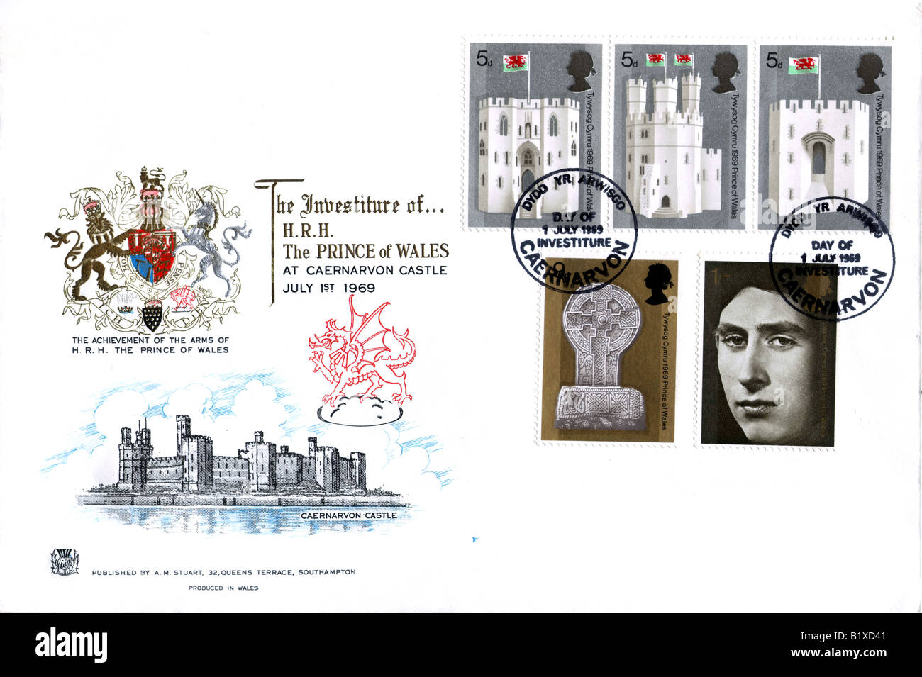 Prinz Charles Investiture Ersttagsbrief Stockfoto