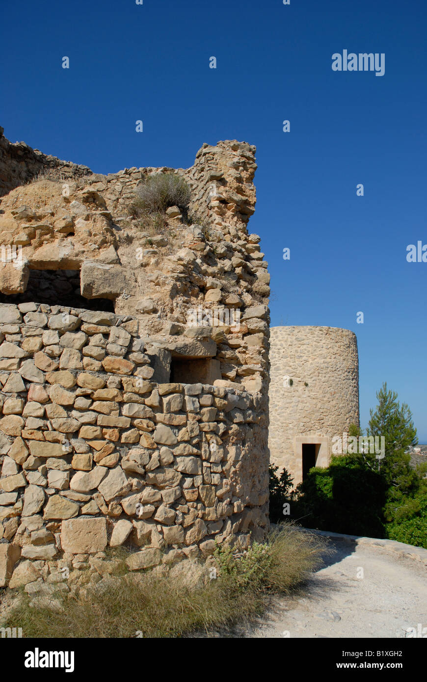 Windmühlen auf La Plana, Javea / Xabia, Provinz Alicante, Comunidad Valenciana, Spanien Stockfoto