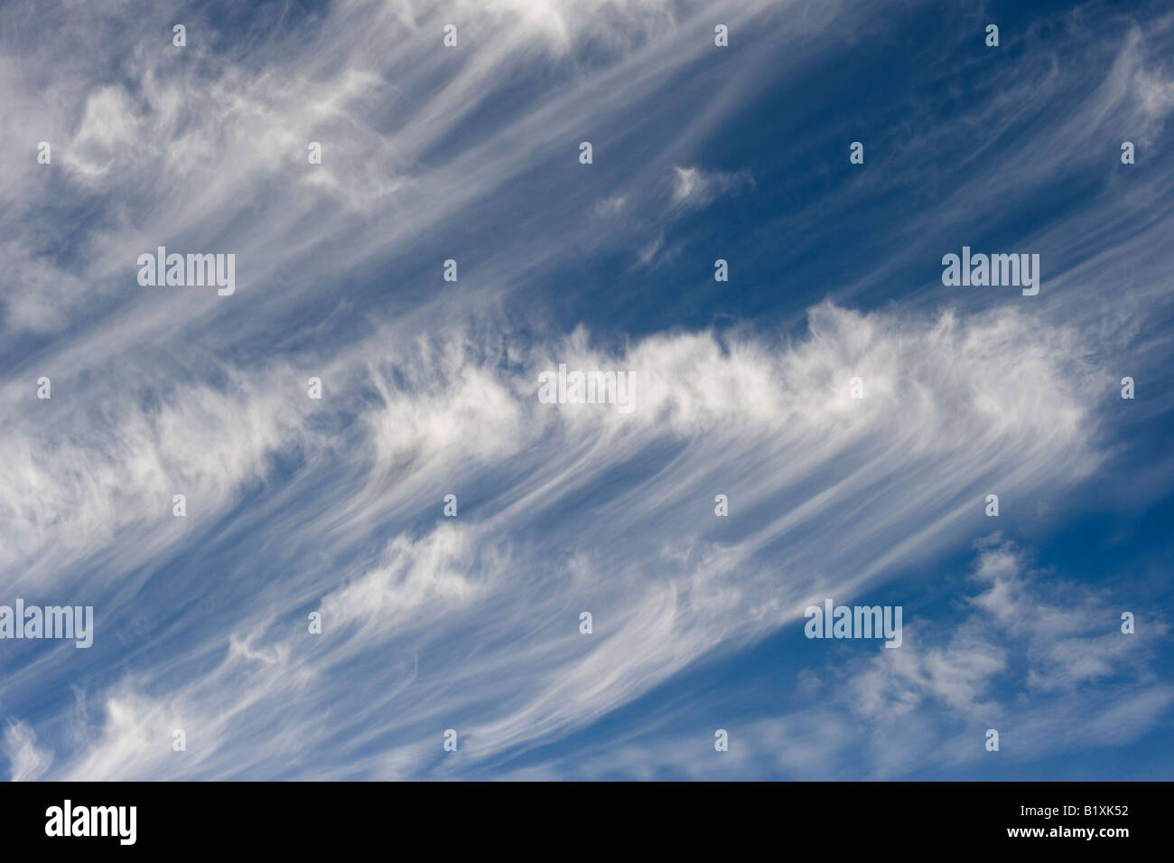Cirruswolken in einem strahlend blauen Himmel in Schottland Stockfoto