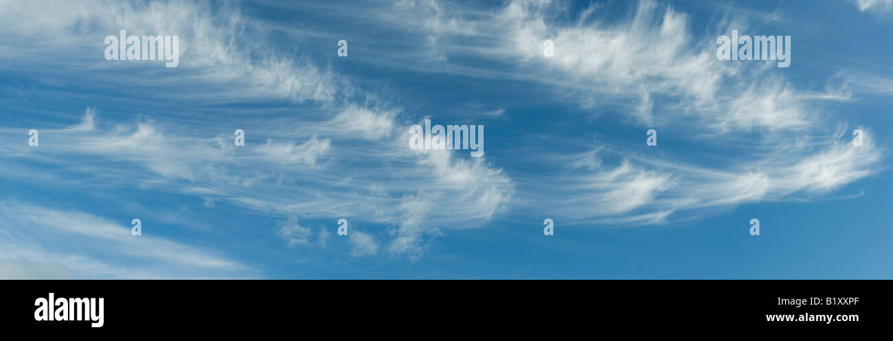 Cirruswolken in einem strahlend blauen Himmel in Schottland Stockfoto