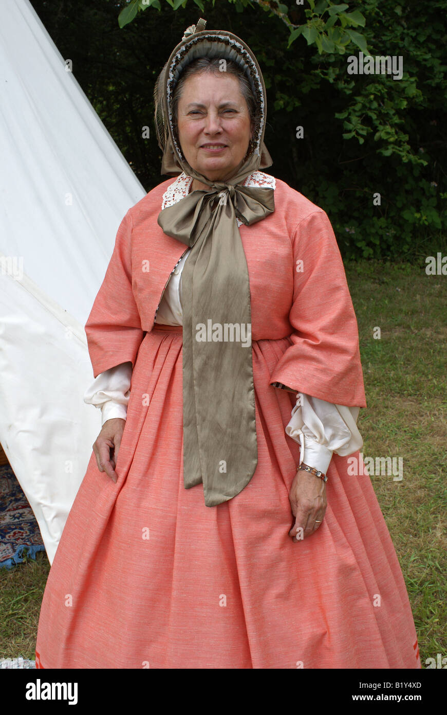 Bürgerkrieg-Re-Enactor spielt die Rolle der First Lady Mary Lincoln. Stockfoto