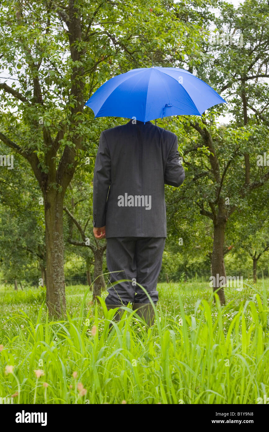 Geschäftsmann mit blauen Schirm auf einer Wiese Stockfoto