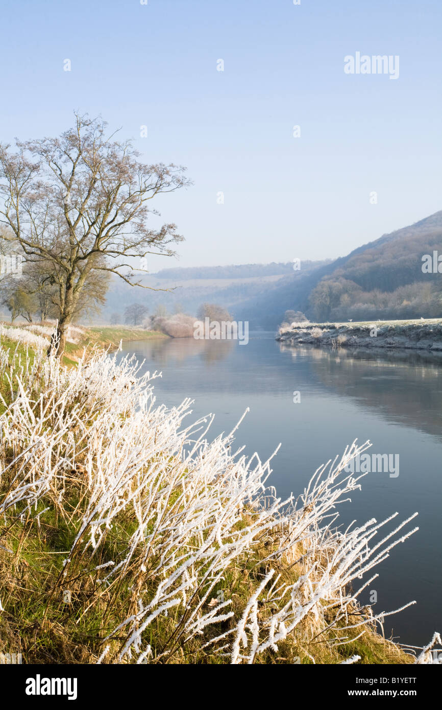 Winterliche Szene senken Wye Valley an der Bigsweir Bridge, mit Frost. Stockfoto